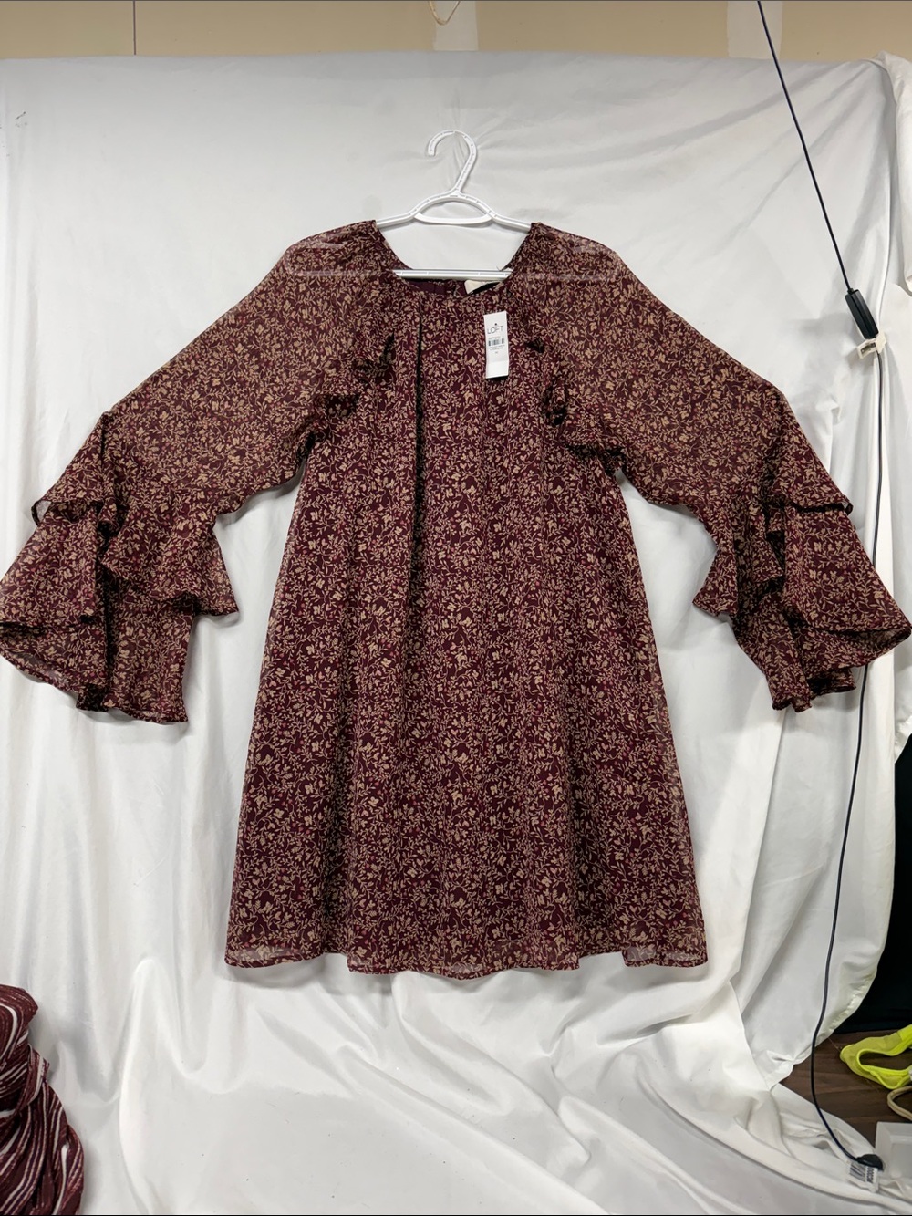 LOFT Burgundy Floral Ruffle-Sleeve Long-Sleeve Dress
